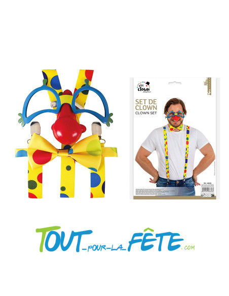 Set de clown multicolore pour adulte taille unique( lunettes, bretelles, noeud de papillon)