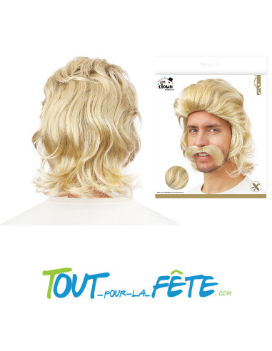 Perruque mi-longue avec moustache blonde taille adulte pour homme