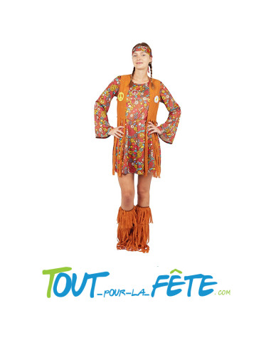 Déguisement hippie multicolore femme taille adulte ( robe - gilet - bandeau - jambières )