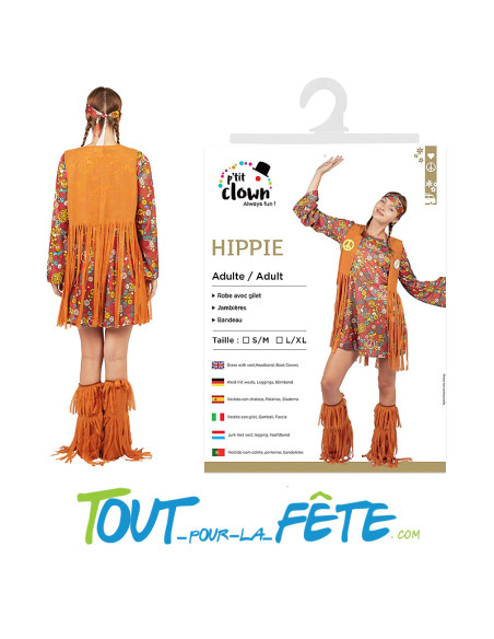 Déguisement hippie multicolore femme taille adulte ( robe - gilet - bandeau - jambières )