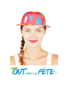 Chapeau melon en plastique rouge à pois multicolore taille unique pour adulte 2