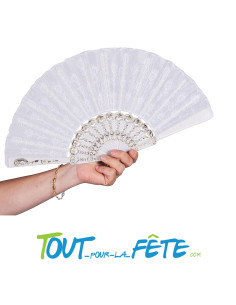 Eventail brodé dentelle blanc et or Ø 45cm