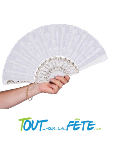 Eventail brodé dentelle blanc et or Ø 45cm