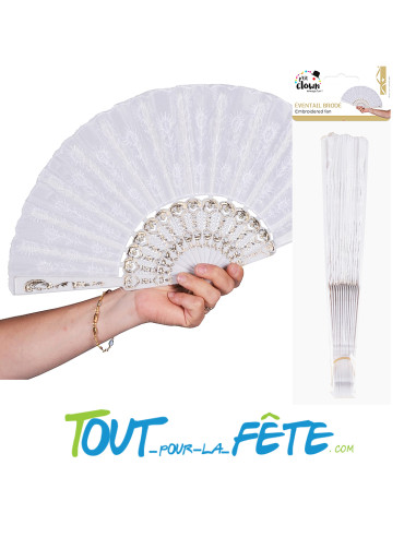 Eventail brodé dentelle blanc et or Ø 45cm