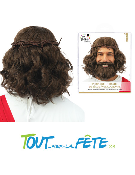 Perruque et barbe de Jésus Christ avec couronne chatain taille unique pour adulte