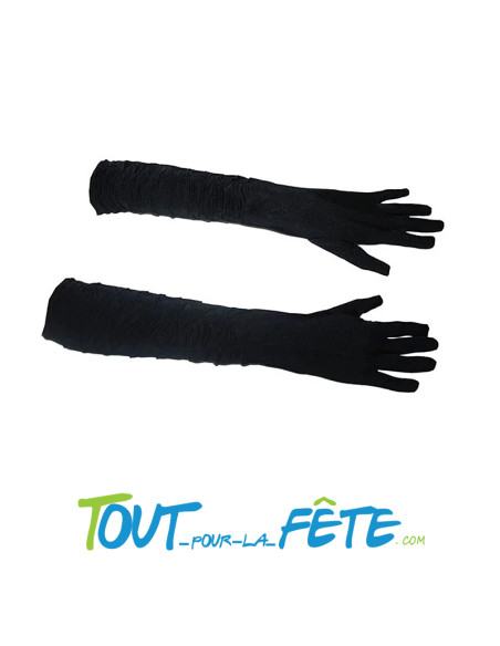 Paire de gants longs plissés noirs satinés taille unique pour adulte 45 cm environ
