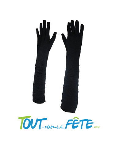 Paire de gants longs plissés noirs satinés taille unique pour adulte 45 cm environ