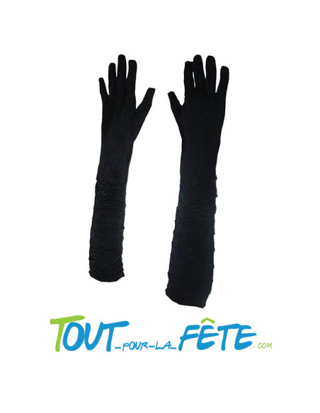 Paire de gants longs plissés noirs satinés taille unique pour adulte 45 cm environ