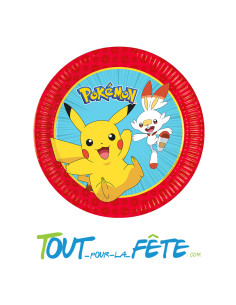 8 assiettes Pokémon© 23 cm rouge, bleu, jaune, blanc licence officielle