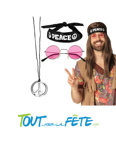 Set hippie 3 pièces (bandeau, lunettes, collier) années 60 peace and love