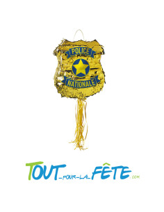 Pinata a tirer badge de police national or et bleu 40x36 cm thème police