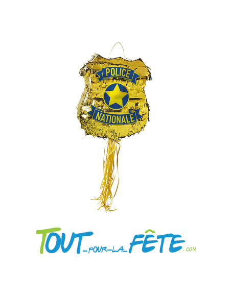 Pinata a tirer badge de police national or et bleu 40x36 cm thème police