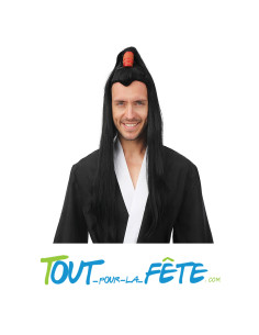 Perruque longue de samurai couleur noir et rouge pour homme taille adulte