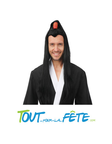 Perruque longue de samurai couleur noir et rouge pour homme taille adulte
