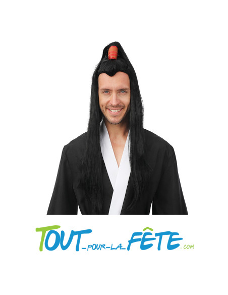 Perruque longue de samurai couleur noir et rouge pour homme taille adulte