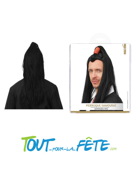Perruque longue de samurai couleur noir et rouge pour homme taille adulte