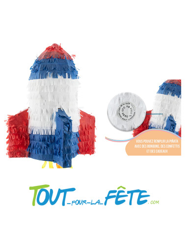 Pinata a tirer fusée avec drapeau américain rouge, blanc, bleu 60x15 cm
