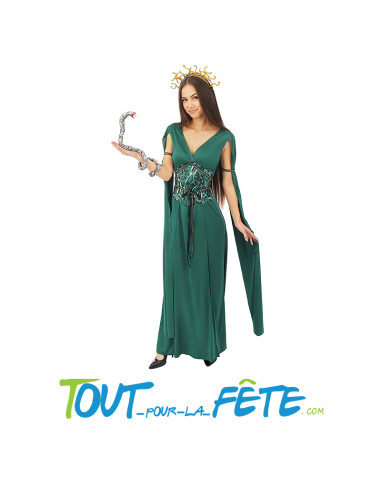Déguisement de déesse Medusa verte taille adulte  ( robe - serre-tête - brassards )