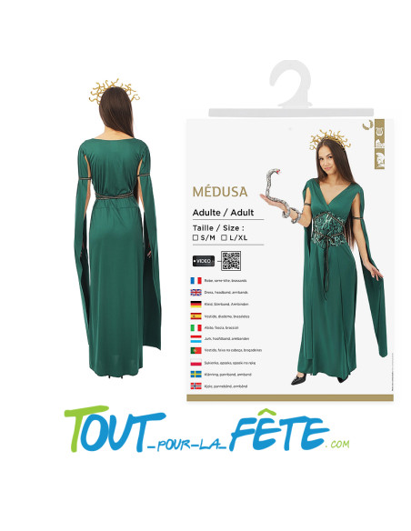 Déguisement de déesse Medusa verte taille adulte  ( robe - serre-tête - brassards )