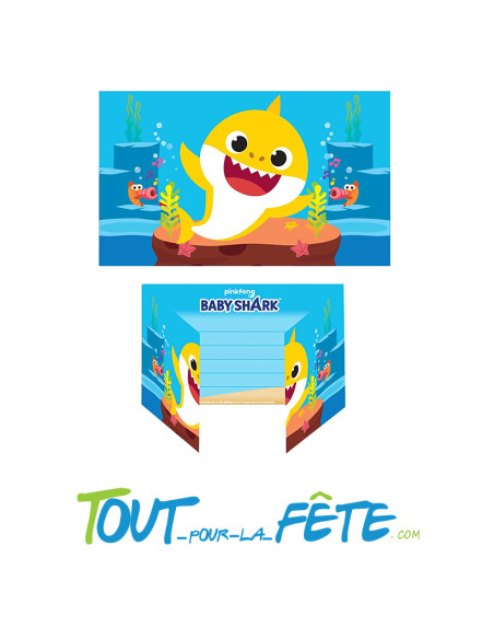 Lot de 8 cartons d'invitations avec enveloppes Baby Shark licence officielle