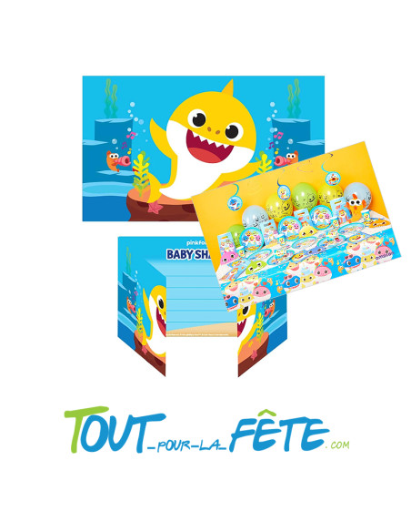 Lot de 8 cartons d'invitations avec enveloppes Baby Shark licence officielle