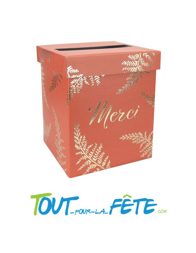 Urne "Merci" 21x21x25 cm fougère terracotta et or mariage, anniversaire