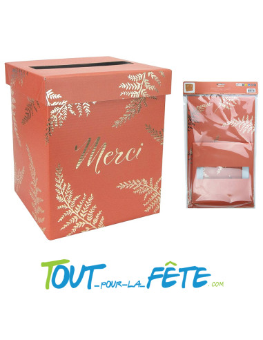 Urne "Merci" 21x21x25 cm fougère terracotta et or mariage, anniversaire