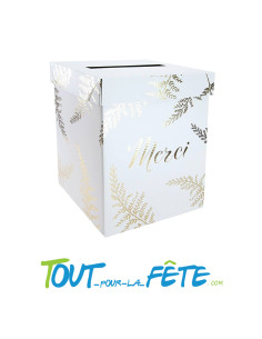 Urne "Merci" 21x21x25 cm fougère blanc et or pour mariage, anniversaire