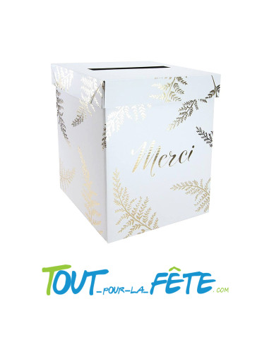 Urne "Merci" 21x21x25 cm fougère blanc et or pour mariage, anniversaire