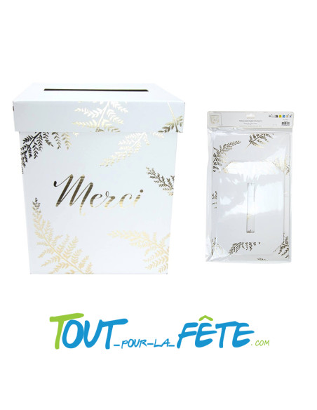 Urne "Merci" 21x21x25 cm fougère blanc et or pour mariage, anniversaire