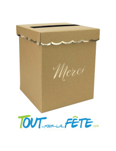 Urne "Merci" 21x21x25 cm kraft et or pour mariage, anniversaire, baptême