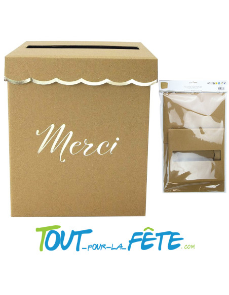 Urne "Merci" 21x21x25 cm kraft et or pour mariage, anniversaire, baptême