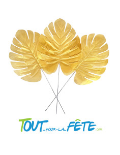 Lot de 12 feuilles palmier tropical sur tige doré / or