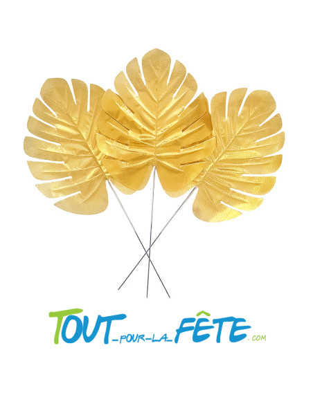 Lot de 12 feuilles palmier tropical sur tige doré / or