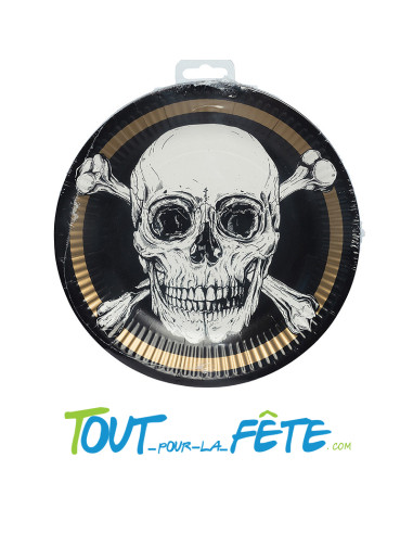 Lot de 10 assiettes ronde en carton pirate tête de mort 23 cm vaisselle