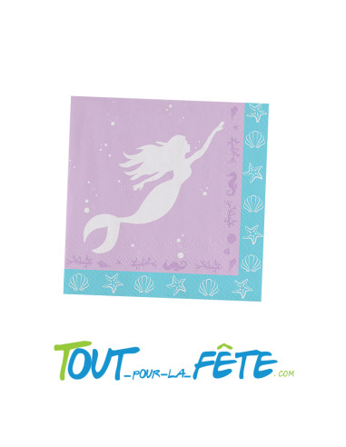 Lot de 20 serviettes sur le thème sirène couleur lilas et turquoise 33x 33cm