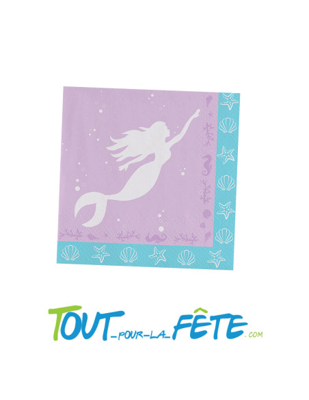 Lot de 20 serviettes sur le thème sirène couleur lilas et turquoise 33x 33cm