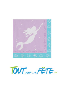 Lot de 20 serviettes sur le thème sirène couleur lilas et turquoise 33x 33cm