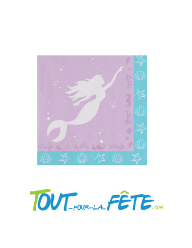Lot de 20 serviettes sur le thème sirène couleur lilas et turquoise 33x 33cm
