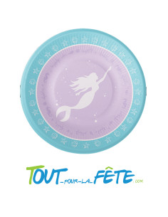 Lot de 8 assiettes 23cm sur le thème sirène couleur lilas et turquoise en carton