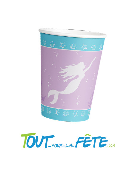 Lot de 8 gobelets 250ml sur le thème sirène couleur lilas et turquoise en carton
