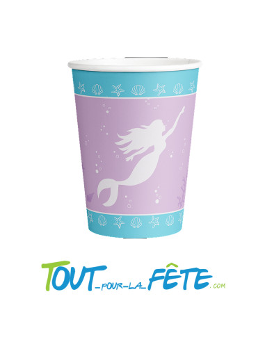 Lot de 8 gobelets 250ml sur le thème sirène couleur lilas et turquoise en carton