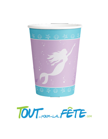 Lot de 8 gobelets 250ml sur le thème sirène couleur lilas et turquoise en carton