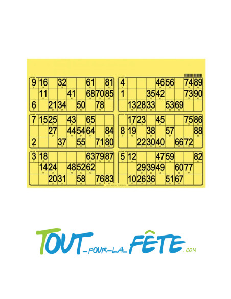 Planche de 6 grilles de loto jaune 29cm x 20cm en papier