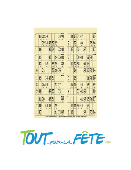 Planche de 8 grilles de loto jaune 29cm x 27cm en papier