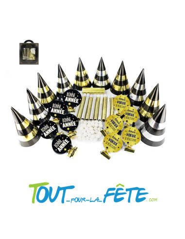 Kit de cotillons 10 personnes or et noir (sarbacanes, chapeaux, sans-gènes, serpentins, boules)