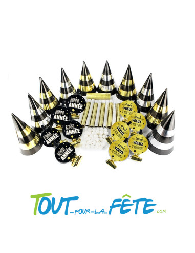 Kit de cotillons 10 personnes or et noir (sarbacanes, chapeaux, sans-gènes, serpentins, boules)
