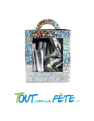 Boite cotillons 10 personnes argent (sarbacane, chapeau, sans-gène, serpentin, boules, ballon)