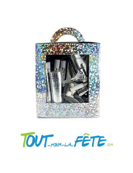 Boite cotillons 10 personnes argent (sarbacane, chapeau, sans-gène, serpentin, boules, ballon)