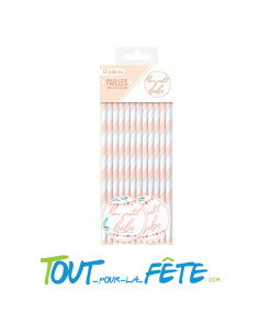 Lot de 12 pailles en carton roses pastel et blanches avec pastille "mon petit bébé"